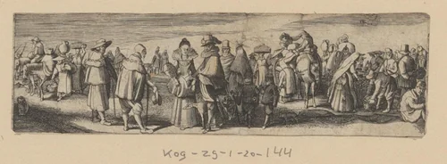 Marktscene met een koppel en twee pelgrims by anonymous, print, 1603-1652