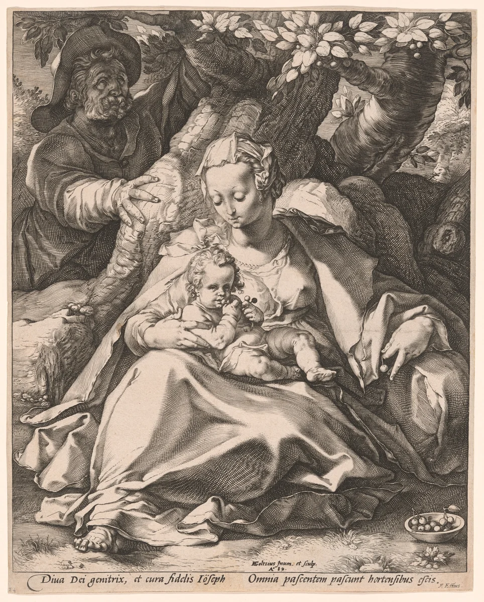 The Holy Family under a Cherry Tree by Hendrick Goltzius, print, 1589