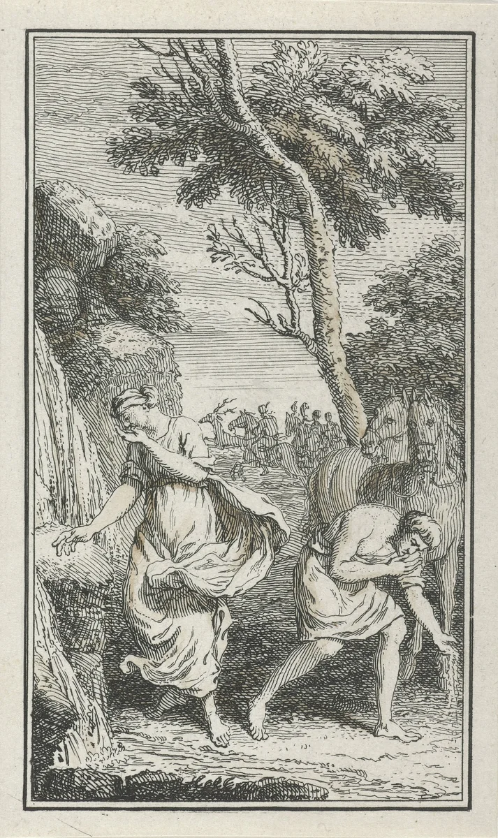 Twee figuren bij een beek by Jacob Folkema, print, 1703-1767