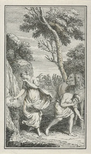 Twee figuren bij een beek by Jacob Folkema, print, 1703-1767