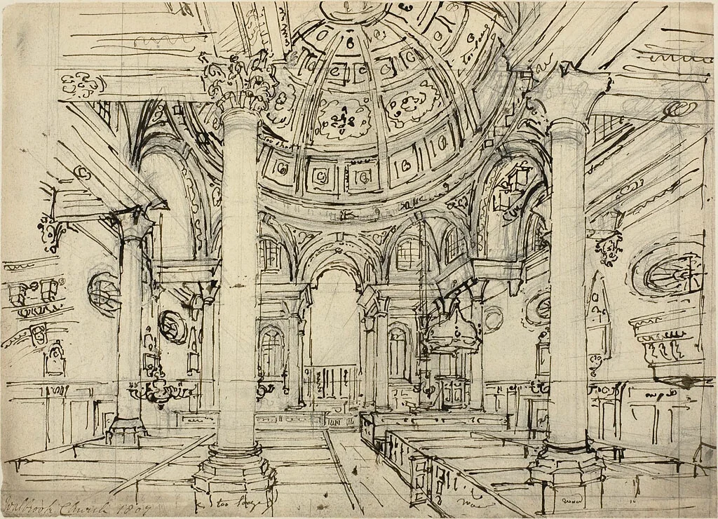 Study for Walbrook Church (recto); Sketches of Sailboats, Men and Dinghies (verso) by Augustus Charles Pugin, drawing, 1802-1812