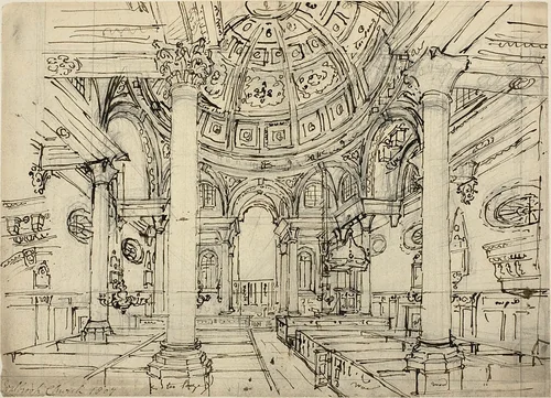 Study for Walbrook Church (recto); Sketches of Sailboats, Men and Dinghies (verso) by Augustus Charles Pugin, drawing, 1802-1812