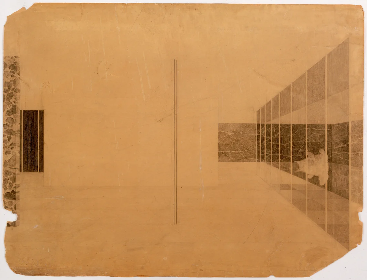 German Pavilion, International Exposition, Barcelona, Spain (Interior perspective) by Ludwig Mies van der Rohe, mies van der rohe archive, 1928