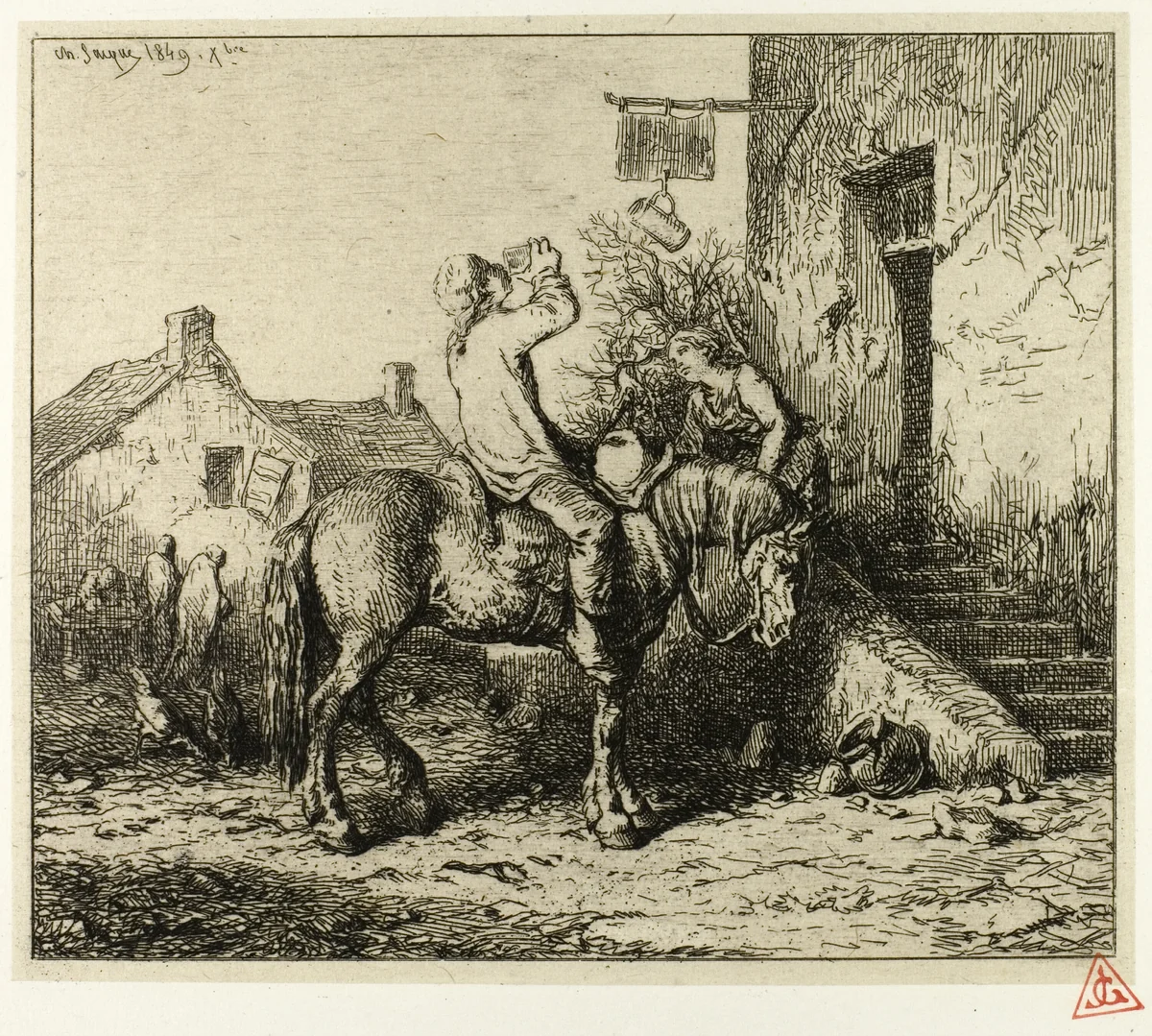 Entrance to an Inn, with Peasant Drinking by Charles-Émile Jacque, print, 1849