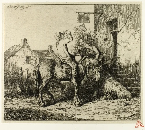 Entrance to an Inn, with Peasant Drinking by Charles-Émile Jacque, print, 1849