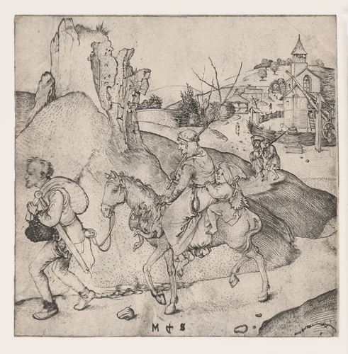 Een boerengezin op weg naar de markt by Unknown, print, 1470-1491