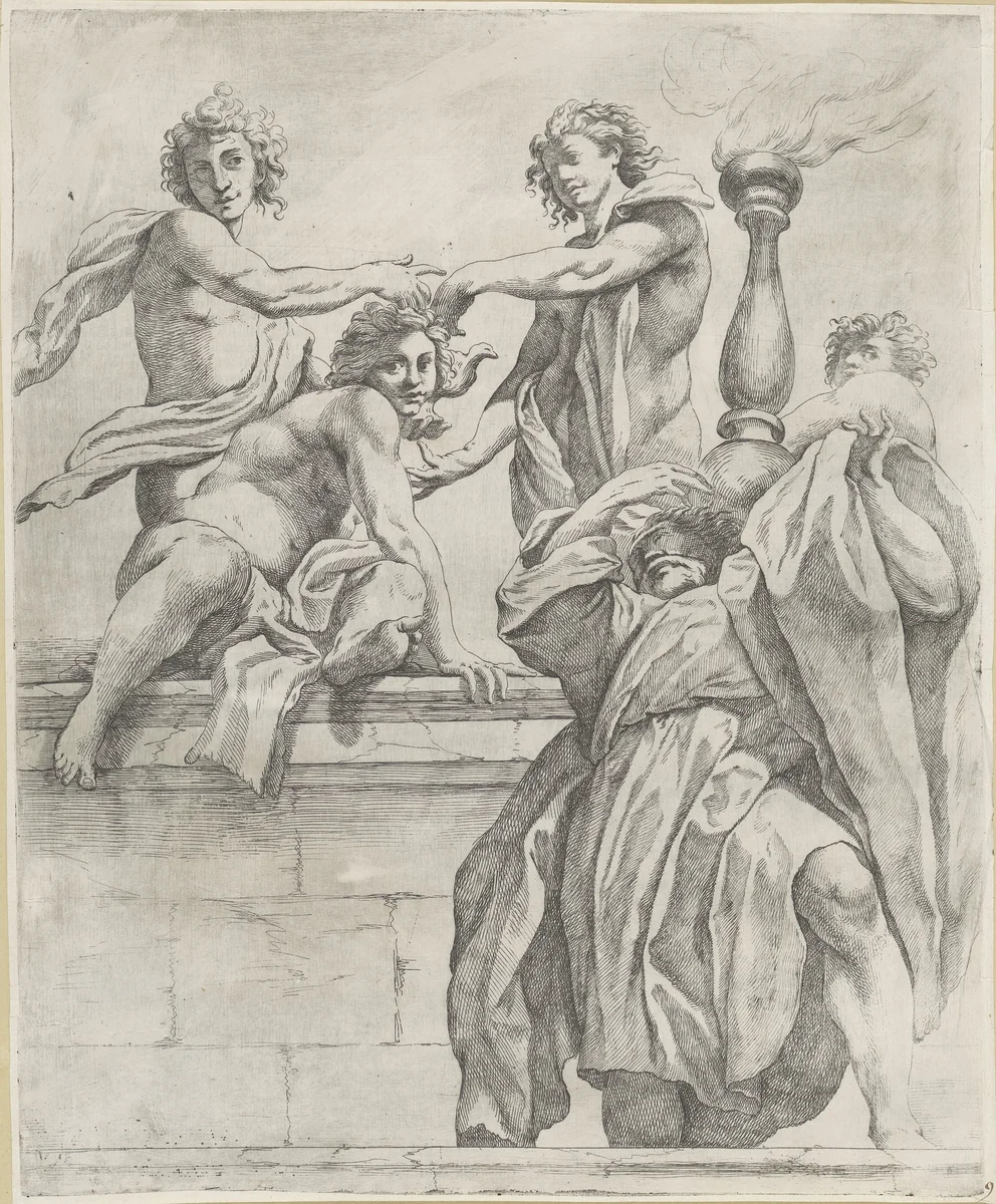 Apostel en vier engelen by Giovanni Battista Vanni, print, 1609-1660