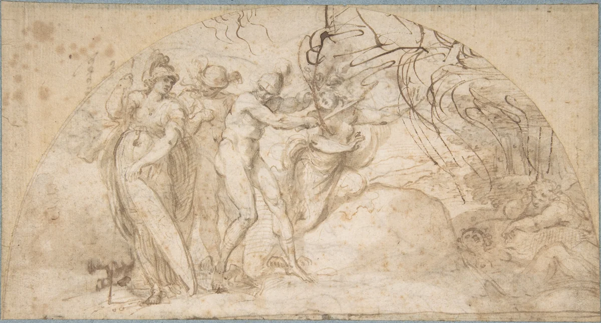 Perseus Beheading Medusa (recto); Studies of a Child and Ornament Sketches (verso) by Annibale Carracci, drawing, 1560-1609