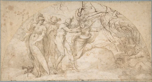 Perseus Beheading Medusa (recto); Studies of a Child and Ornament Sketches (verso) by Annibale Carracci, drawing, 1560-1609