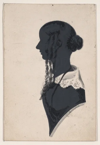 Silhouette of an unknown girl with braids, in profile to the left by Edgar Adolphe, drawing, 1830-1890