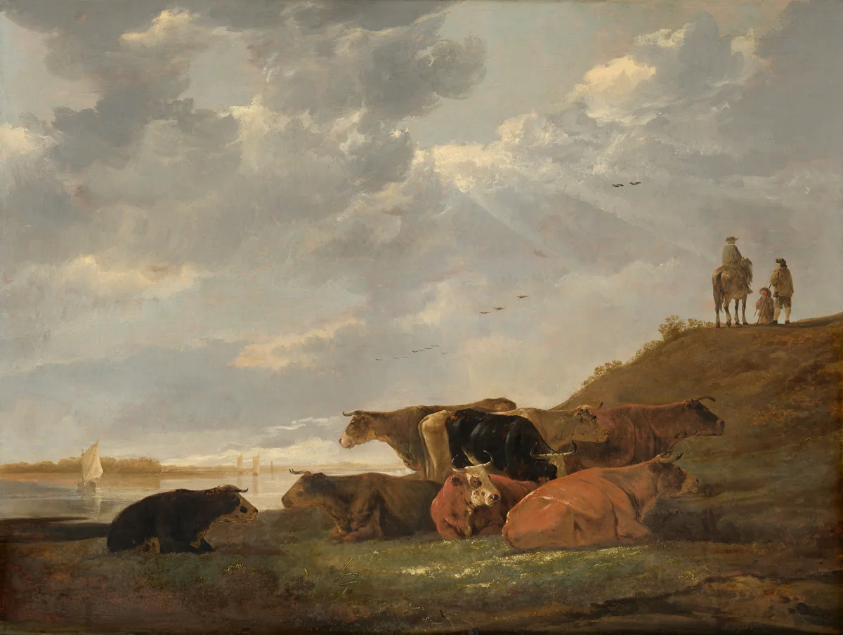 River Landscape with Cows by Aelbert Cuyp, painting, 1645-1650