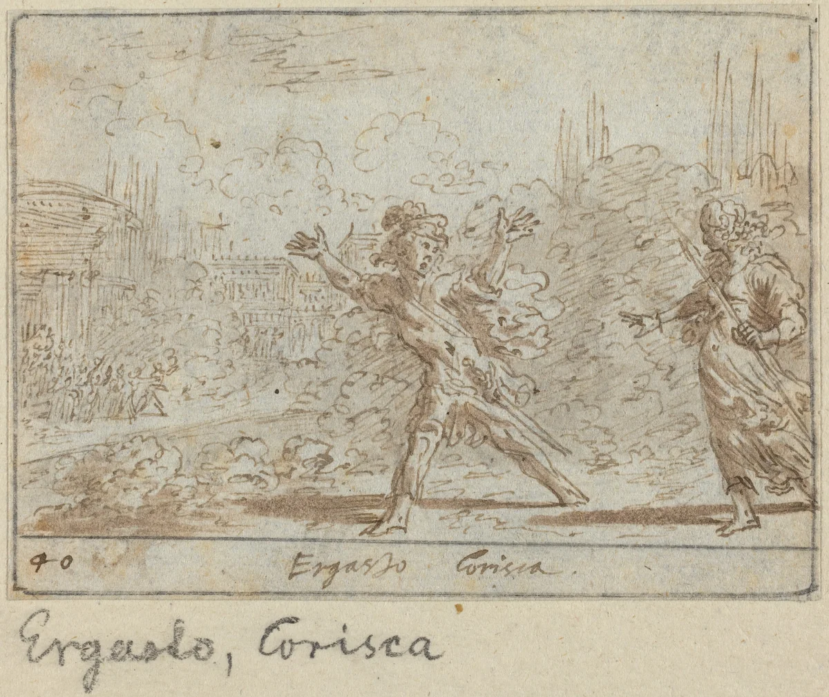 Ergasto and Corisca by Johann Wilhelm Baur, drawing, 1640