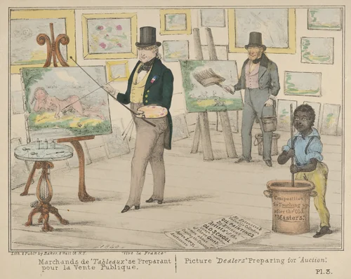 Vive la France, Marchands de "Tableaux" se Preparant pour la Vente Publique / Picture "Dealers" Preparing for "Auction" by Alfred E. Baker, print, 1840