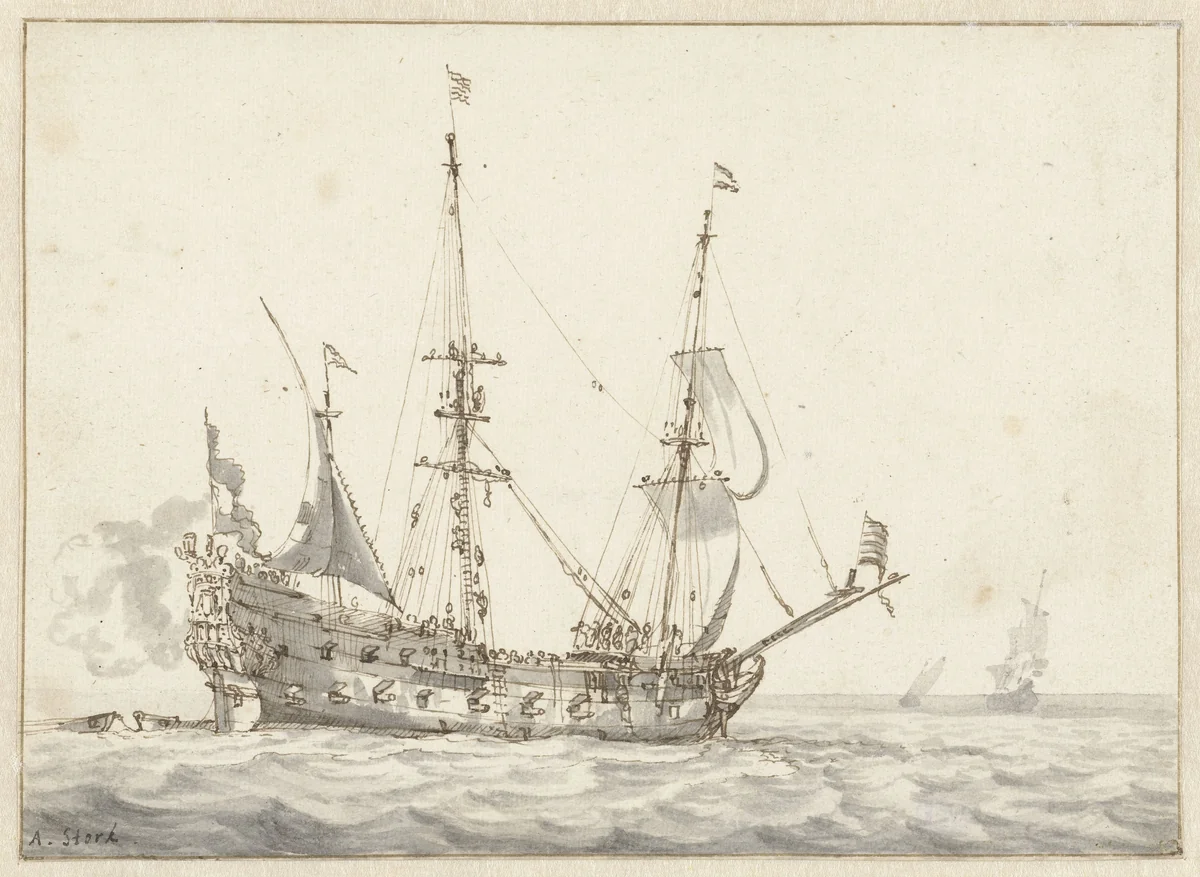 Hollands oorlogsschip by Abraham Storck, drawing, 1645-1710