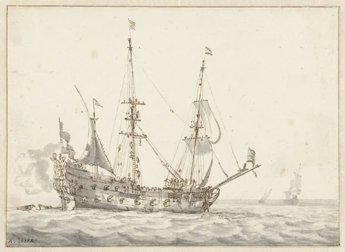 Hollands oorlogsschip by Abraham Storck, drawing, 1645-1710