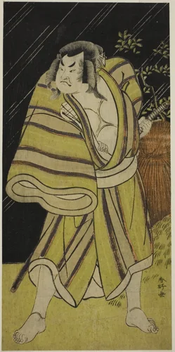 The Actor Sakata Hangoro II as the Sumo Wrestler Kujaku Saburo Narihira (?) in the Play Sugata no Hana Yuki no Kuronushi (?), Performed at the Ichimura Theater (?) in the Eleventh Month, 1776 (?) by Katsukawa Shunko, print, 1771-1781