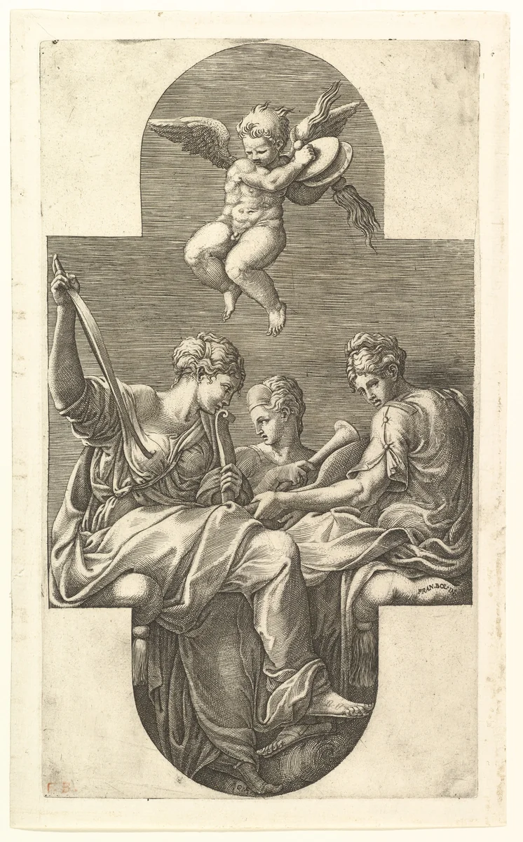 Three Muses and a Putto with Cymbals, a cruciform composition, from a series of eight compositions after Francesco Primaticcio's designs for the ceiling of the Gallery of Ulysses (destroyed 1738-39) at Fontainebleau by Giorgio Ghisi, print, 1560-1569
