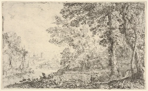 A landscape with a monk and an angel in the center, a town to the left (The Vision) by Claude Lorrain, print, 1625-1635
