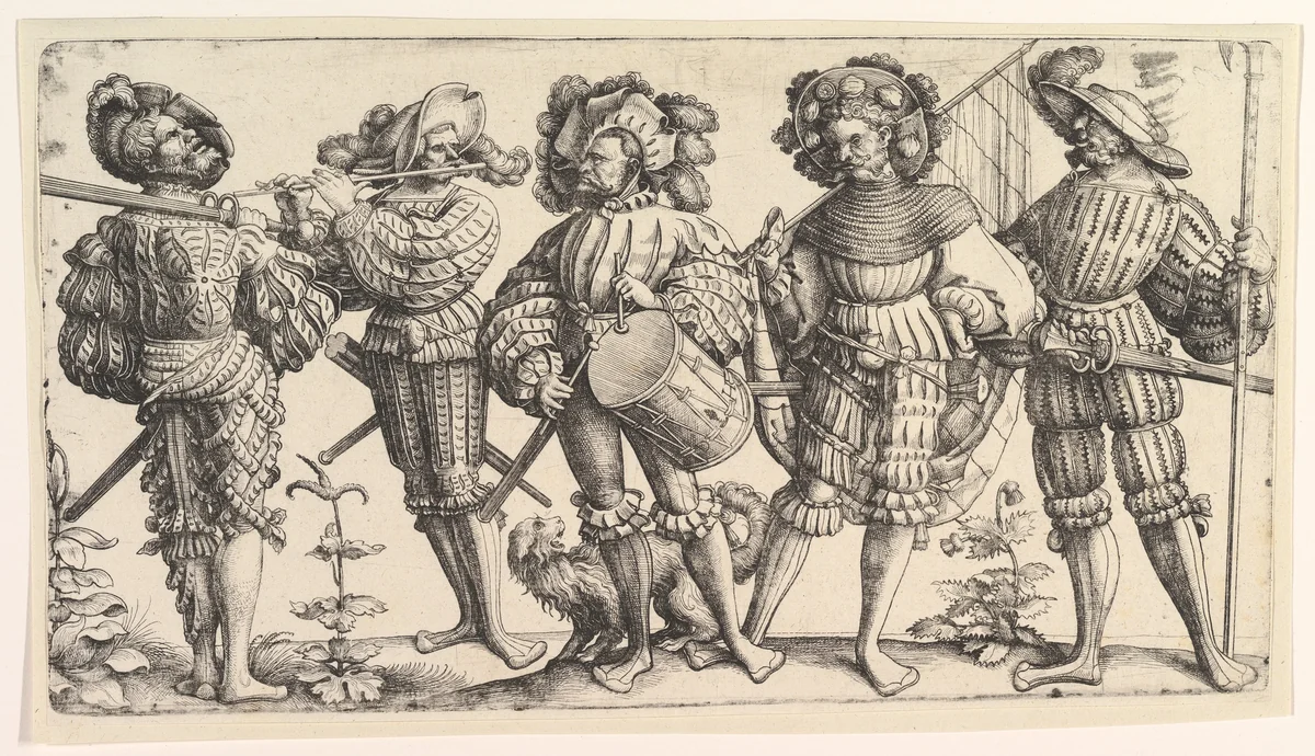 Five German Soldiers by Daniel Hopfer, print, 1520-1536
