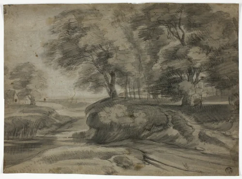 River Landscape with Wooded Banks by Lodewijk de Vadder or Thomas Gainsborough, drawing, 1640-1655