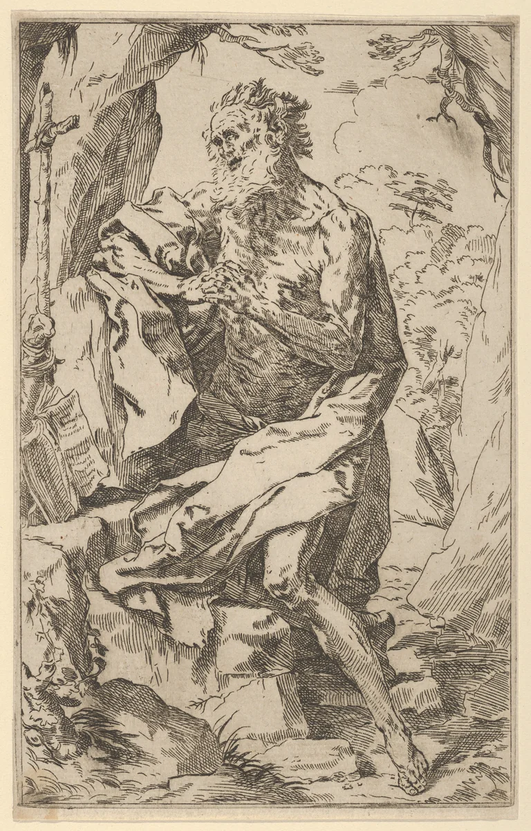 Saint Jerome kneeling on a rock in front of a cross and an open book facing left by anonymous, print, 1595-1645