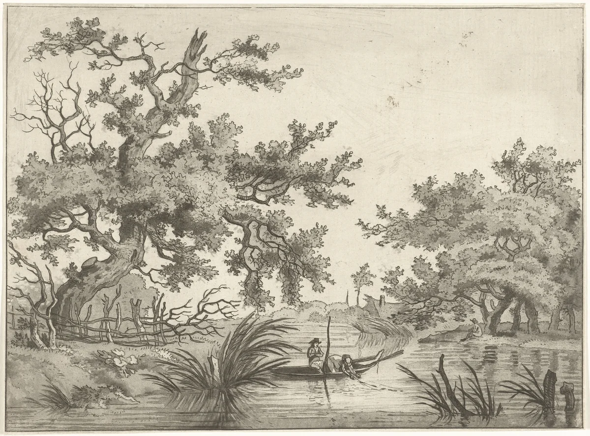 Landschap met twee vissers by Hermanus Fock, print, 1781-1822