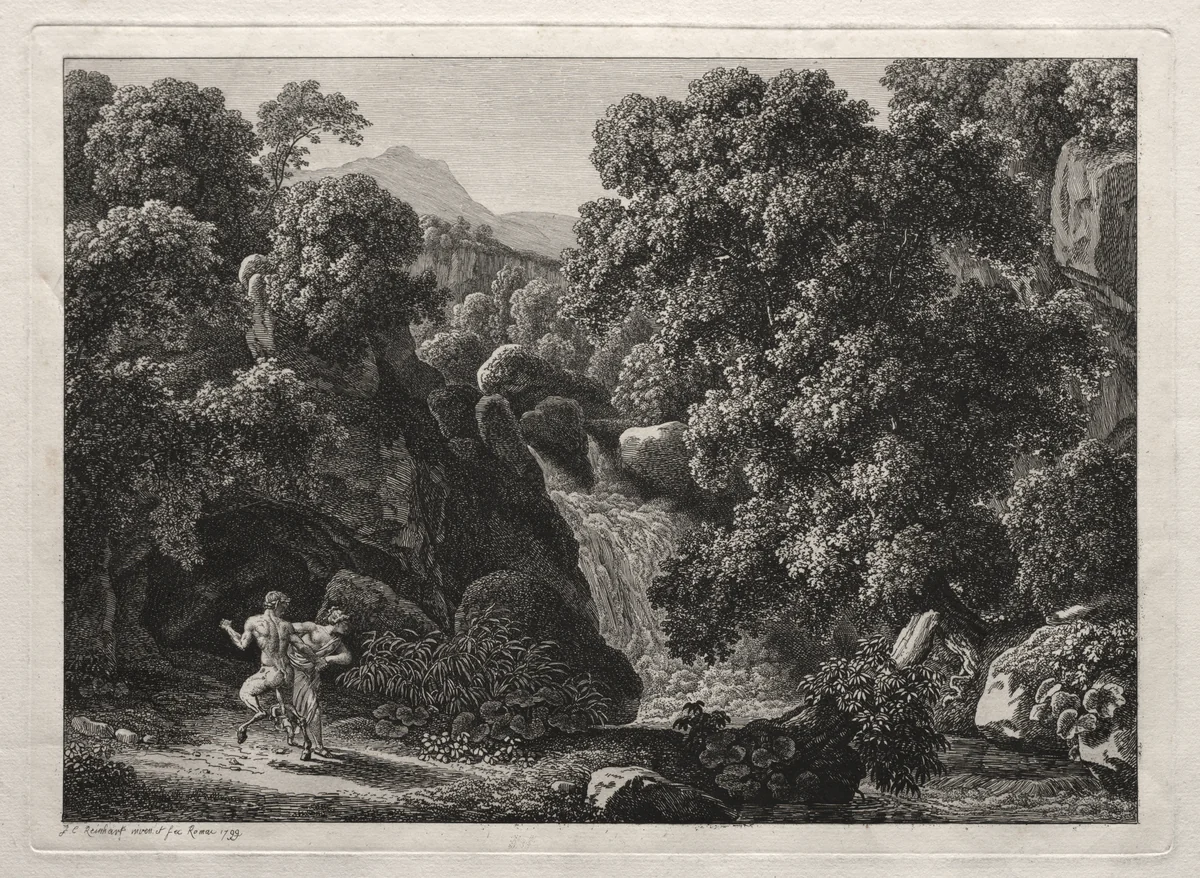 Heroic Landscape: The Satyr and the Nymph by Johann Christian Reinhart, print, 1799