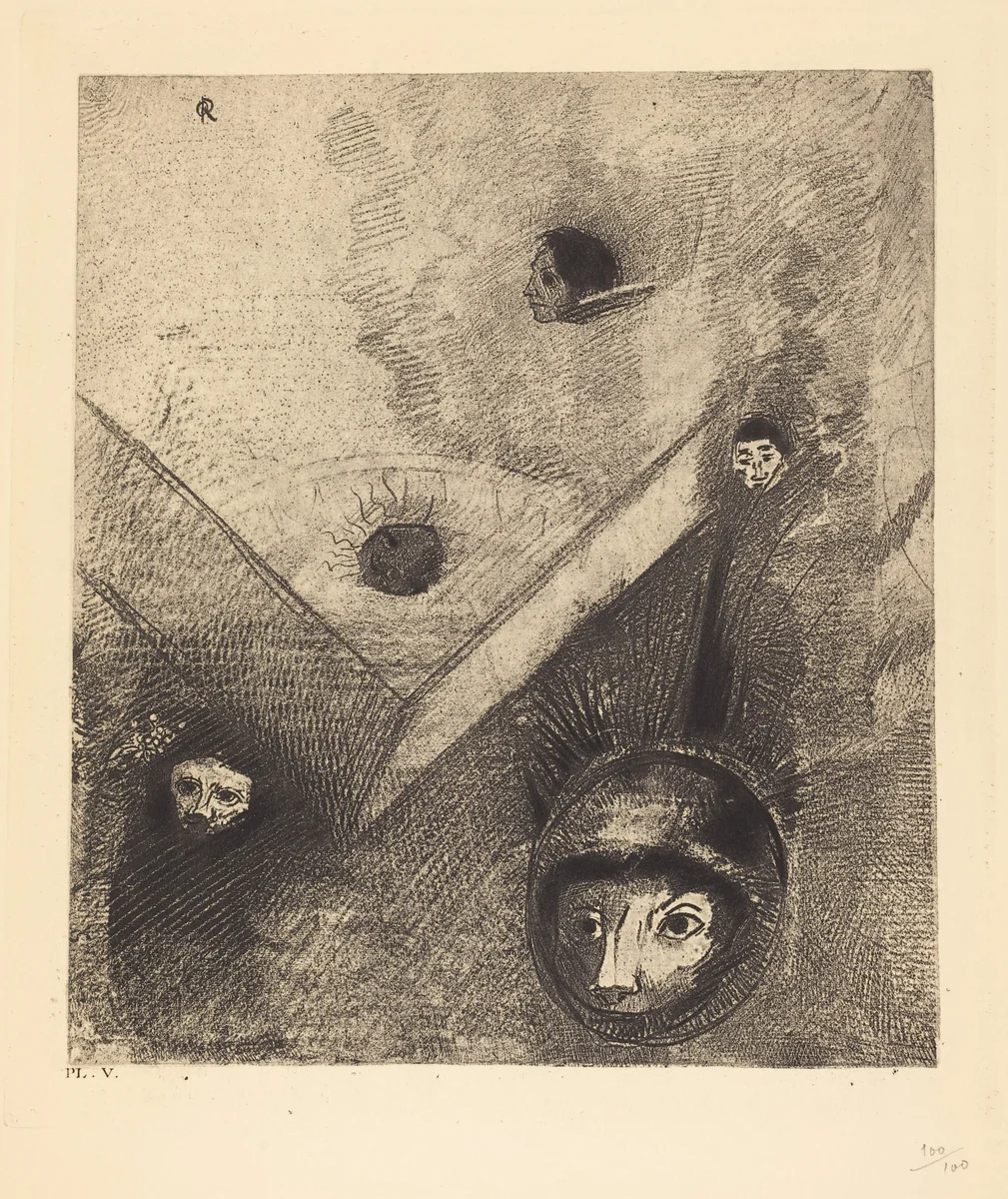 Sur le fond de nos nuits dieu de son doigt savant dessine un cauchemar multiforme et sans treve (On backdrop of our nights God with His knowing finger traces a multiform implacable nightmare) by Odilon Redon, portfolio, 1890