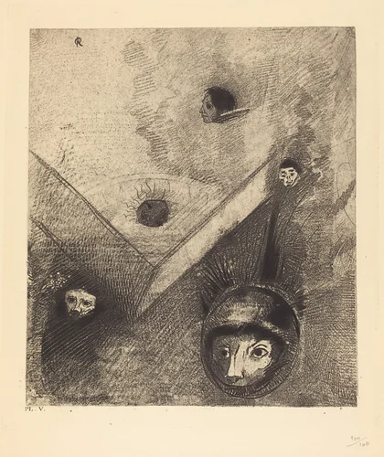 Sur le fond de nos nuits dieu de son doigt savant dessine un cauchemar multiforme et sans treve (On backdrop of our nights God with His knowing finger traces a multiform implacable nightmare) by Odilon Redon, portfolio, 1890