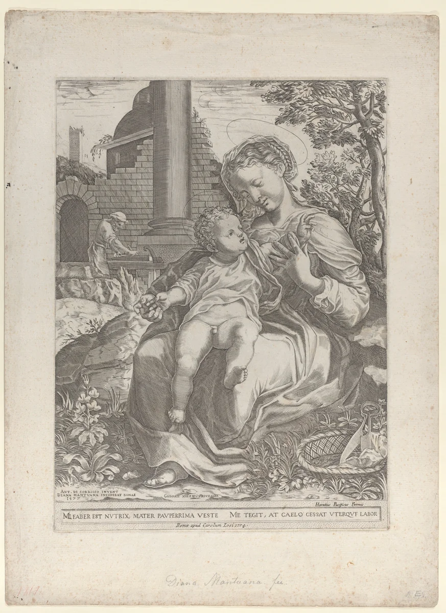 The Holy Family in Egypt, with Joseph as a carpenter in the background at left by Diana Scultori, print, 1577-1774