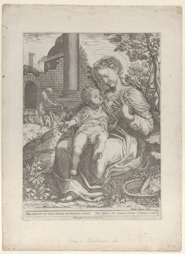 The Holy Family in Egypt, with Joseph as a carpenter in the background at left by Diana Scultori, print, 1577-1774