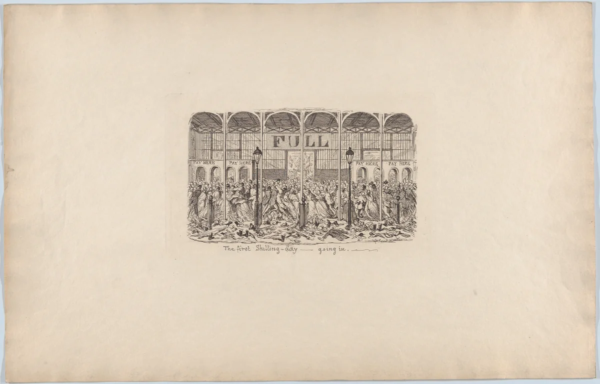 The First Shilling Day–Going In by George Cruikshank, print, 1851