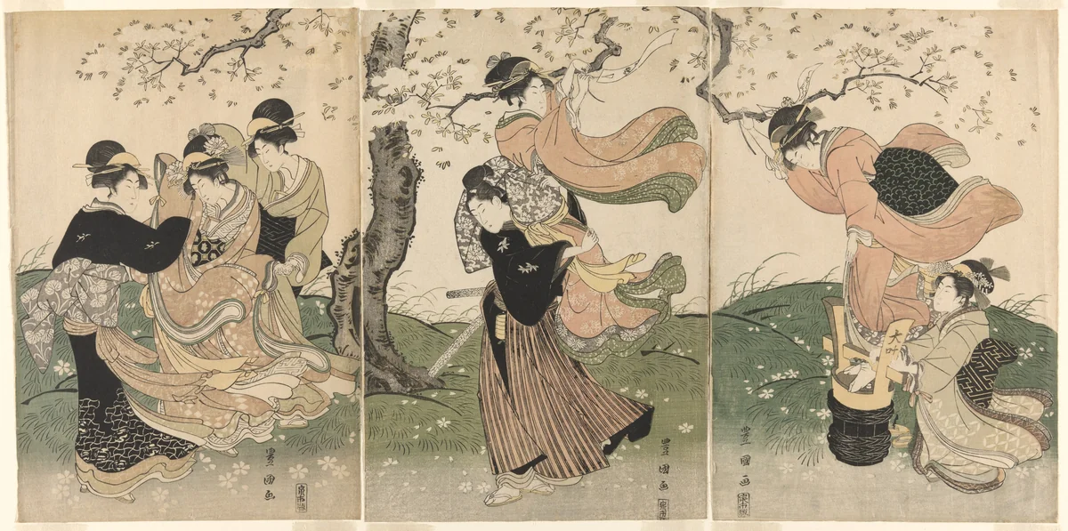 A Windy Day under the Cherry Trees by Utagawa Toyokuni I (初代 歌川 豊国), print, 1792-1802