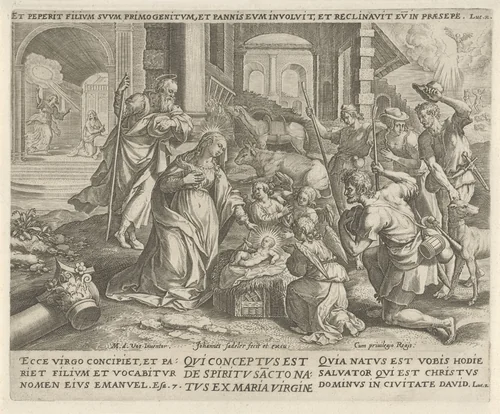 Aanbidding der herders: 'die ontvangen is van de Heilige Geest, geboren uit de maagd Maria' by Unknown, print, 1579