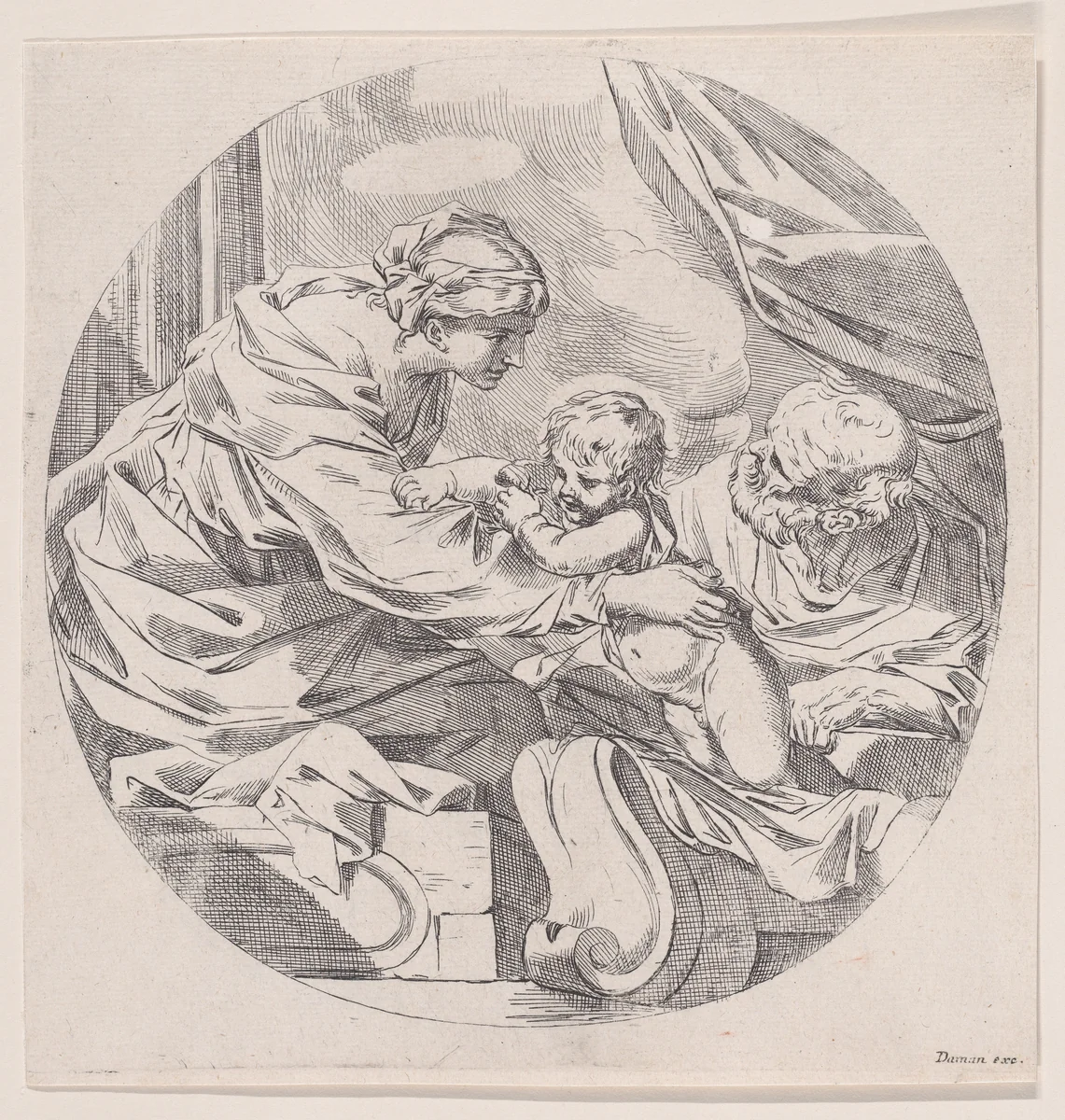 The Holy Family, in a circle by anonymous, print, 1640-1660