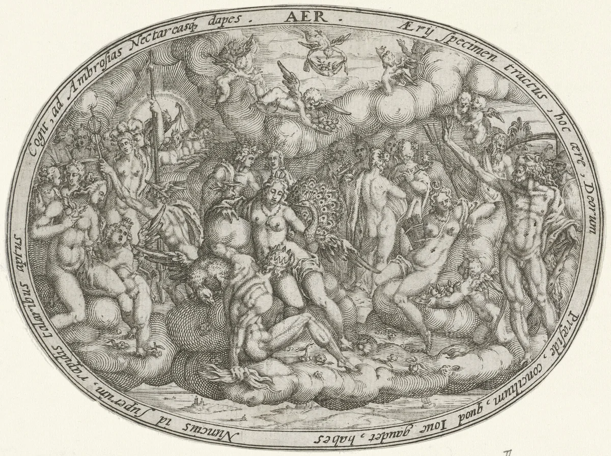 Olympische goden tussen de wolken: het element lucht by Abraham van den Hecken, print, 1620-1655