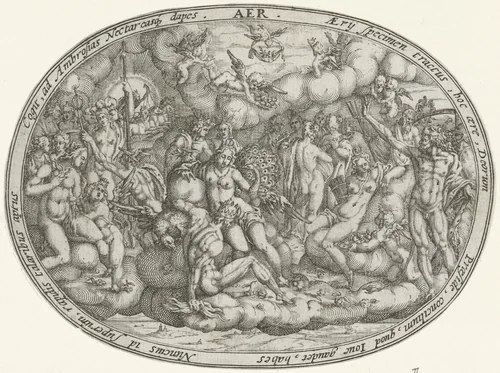 Olympische goden tussen de wolken: het element lucht by Abraham van den Hecken, print, 1620-1655