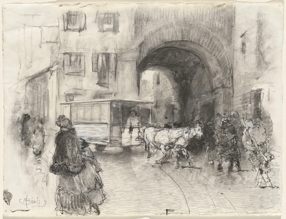 Pusterla dei Fabbri, Milan by Mosè Bianchi, drawing, 1888
