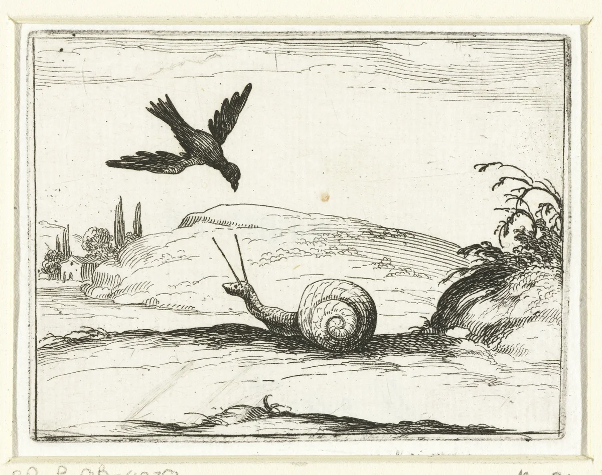 De slak en de raaf by Jacques Callot, print, 1621-1635