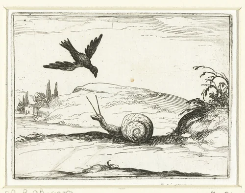 De slak en de raaf by Jacques Callot, print, 1621-1635