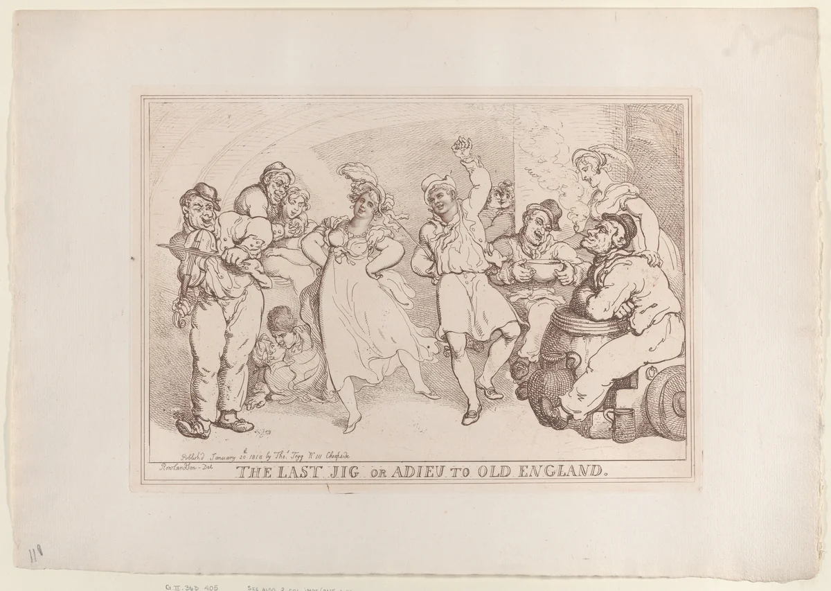 The Last Jig or Adieu to Old England by Thomas Rowlandson, print, 1818