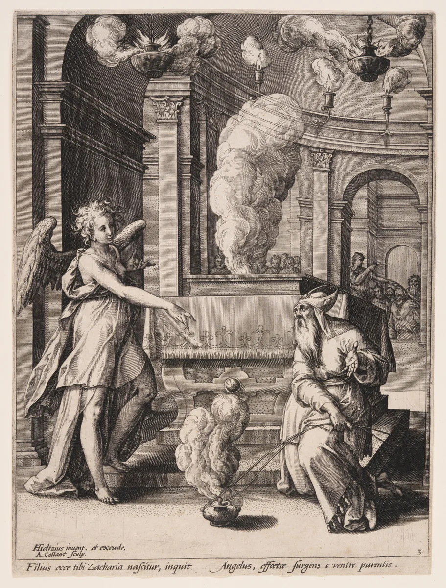 The Annunciation of John's Birth to Zacharias by Adriaen Collaert, print, 1586