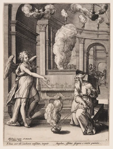 The Annunciation of John's Birth to Zacharias by Adriaen Collaert, print, 1586