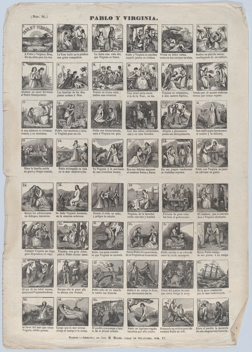 Broadside with 48 scenes relating to the live of Pablo and Virginia by José María Marés, print, 1855-1875