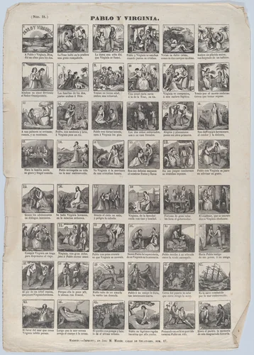 Broadside with 48 scenes relating to the live of Pablo and Virginia by José María Marés, print, 1855-1875