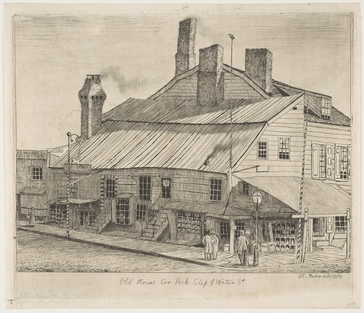 Old House, Corner of Peck Slip and Water Street, from "Scenes of Old New York" by Henry Farrer, print, 1870