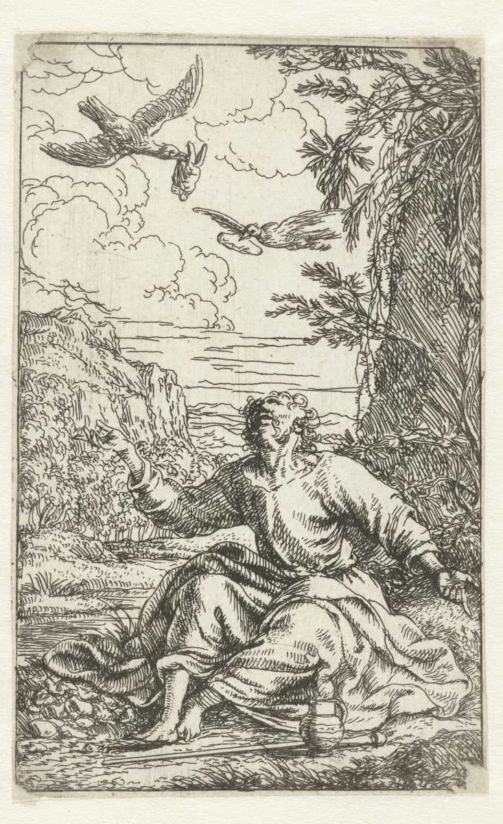 Elia wordt in de woestijn door raven gevoed by Jonas Umbach, print, 1634-1693