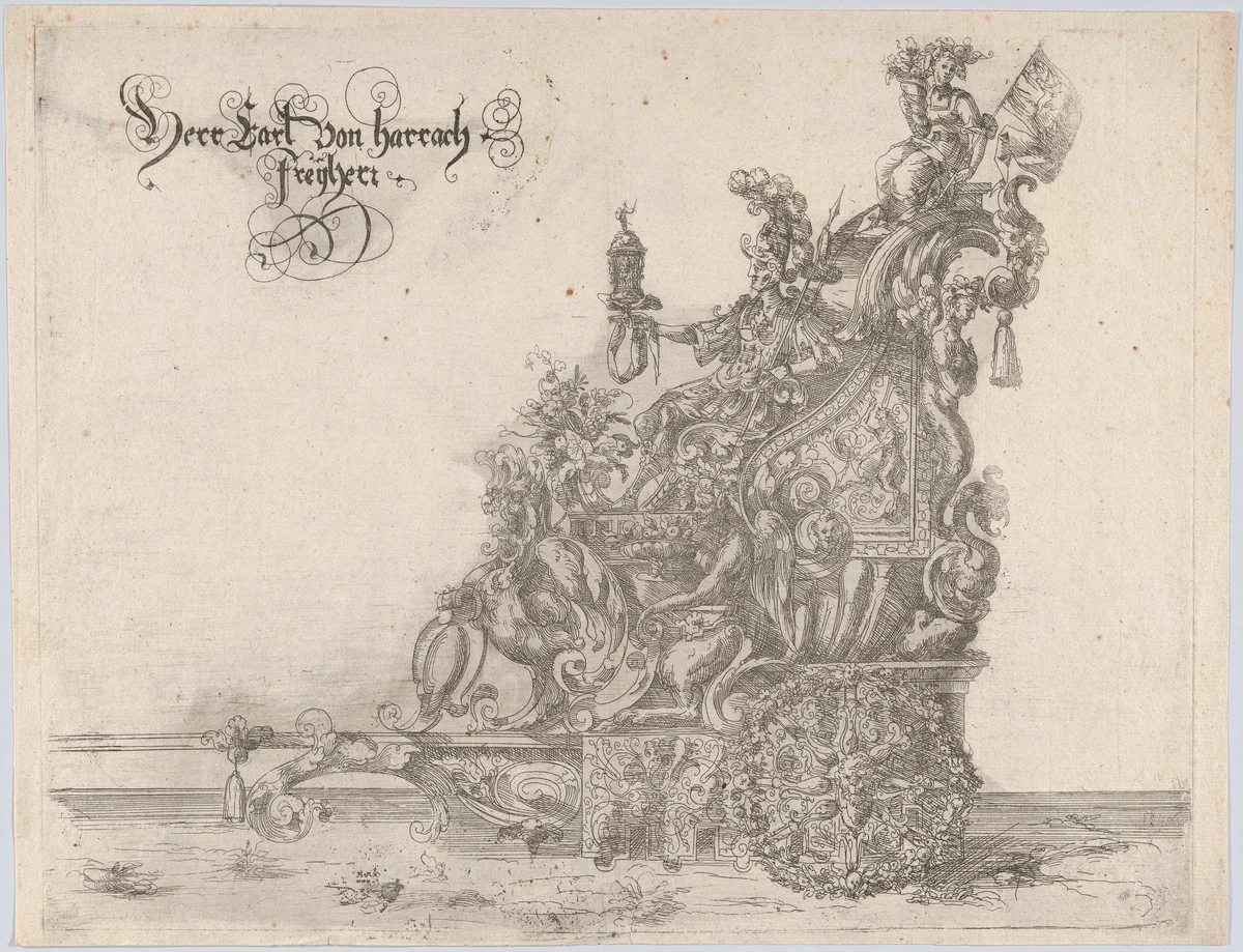 Procession, with a male and female figure seated on a float by anonymous, print, 1500-1599