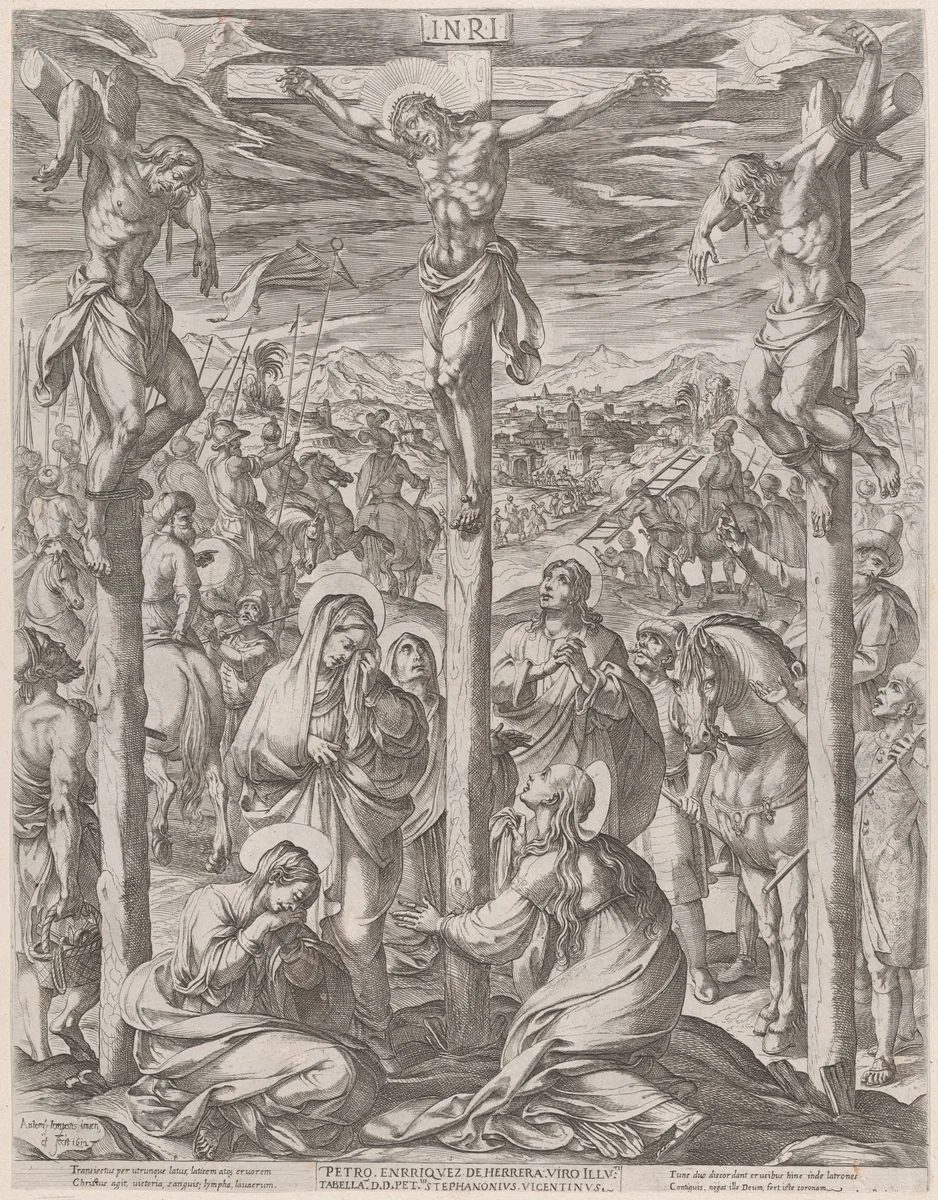Christ crucified between the two thieves, the three maries at the foot of the cross by Antonio Tempesta, print, 1612