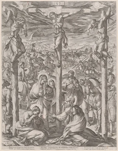 Christ crucified between the two thieves, the three maries at the foot of the cross by Antonio Tempesta, print, 1612